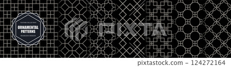 Collection of black seamless ornamental geometric patterns. Repeatable dark elegant luxury backgrounds. Symmetry monochrome oriental prints 124272164