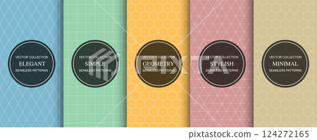 Collection of color seamless simple geometric patterns. Minimalistic geometry ornamental repeatable backgrounds. Grid textures - unusual endless prints Collection of color seamless simple geometric patterns. Minimalistic geometry ornamental repeatable backgrounds. Grid textures - unusual endless prints 124272165
