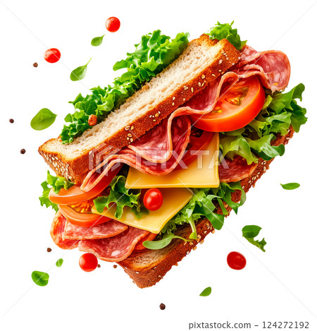 Delicious sandwich with layers of salami, cheese, lettuce, and tomato isolated on a transparent background. Fresh ingredients such as greens, nuts, and spices are flying around. 124272192