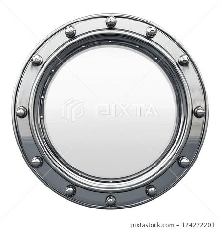 Round metal porthole window isolated on a transparent background. Nautical ship porthole with a reflective glass surface and metallic rivets 124272201