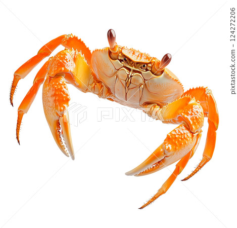 Vibrant orange crab isolated on a transparent background. Close-up of a marine crustacean with raised claws 124272206