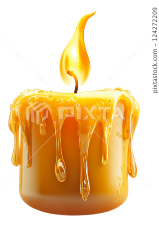 Burning golden wax candle with melting drips, isolated on a transparent background. Close-up of a warm glowing flame and soft flowing wax 124272209