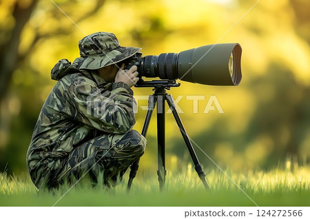 Photographer in camouflage capturing wildlife moments with a telephoto lens in nature 124272566