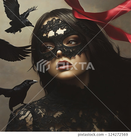 Mysterious woman in black lace mask surrounded by ravens and red ribbon 124272569