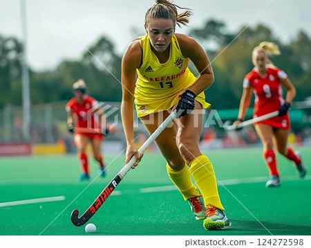 Field Hockey Player in Yellow Jersey Dribbles Ball with Intense Focus Field Hockey Player in Yellow Jersey Dribbles Ball with Intense Focus 124272598