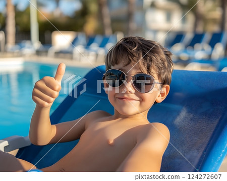 Smiling boy wearing sunglasses relaxing by poolside, enjoying sunny vacation day. 124272607