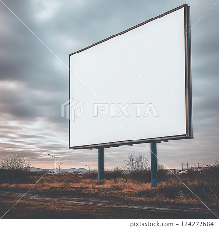 Empty blank billboard standing in a field under cloudy skies in urban outskirts Empty blank billboard standing in a field under cloudy skies in urban outskirts 124272684