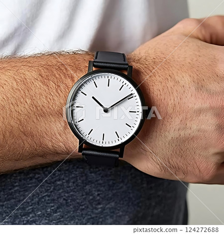 Minimalist black and white wristwatch with leather strap on a man's wrist Minimalist black and white wristwatch with leather strap on a man's wrist 124272688