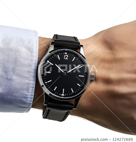 Classic black dial wristwatch on a man's wrist in formal attire 124272689