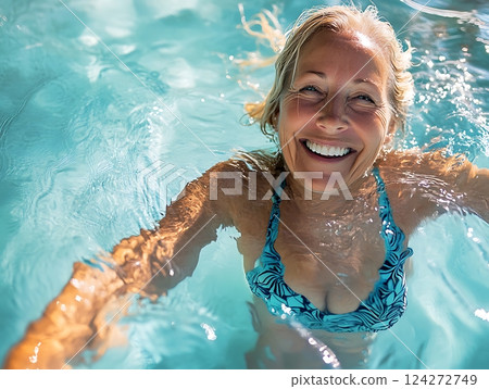Happy senior woman swimming in clear blue pool water while smiling at the camera Happy senior woman swimming in clear blue pool water while smiling at the camera 124272749
