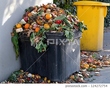 Overflowing garbage bin filled with food waste and organic trash on a city sidewalk Overflowing garbage bin filled with food waste and organic trash on a city sidewalk 124272754