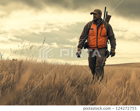 Hunter walking through grassy field with shotgun on a cloudy day in open landscape Hunter walking through grassy field with shotgun on a cloudy day in open landscape 124272755