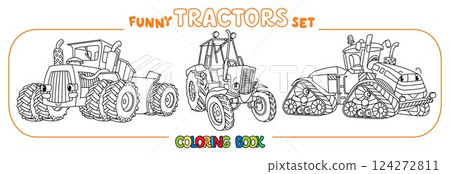Funny vector tractors with eyes. Coloring book set 124272811