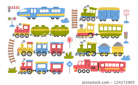 Funny trains modern and vintage railroad transport colorful childish hand drawn doodle set Funny trains modern and vintage railroad transport colorful childish hand drawn doodle set 124272905