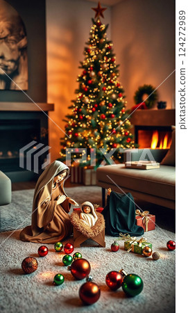 Cozy holiday living room with a nativity scene and beautifully decorated tree 124272989