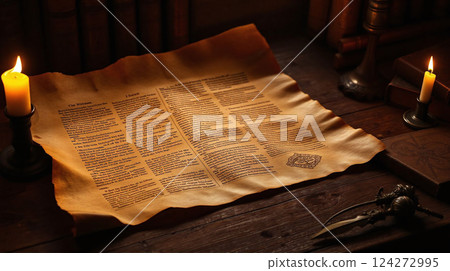Ancient manuscript on aged paper illuminated by candlelight at dusk 124272995