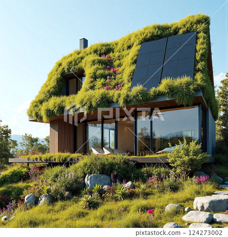 Eco-friendly house with green roof and solar panels in a tranquil setting Eco-friendly house with green roof and solar panels in a tranquil setting 124273002
