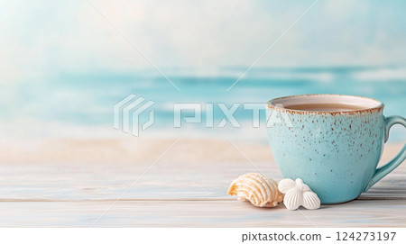 Tranquil beach banner with seashells and coffee mug for relaxation and summer themes Tranquil beach banner with seashells and coffee mug for relaxation and summer themes 124273197