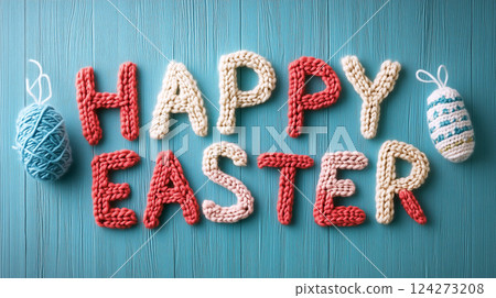 Happy easter text in knitted yarn design on blue wooden background. Holiday decor for knitting blogs and stores 124273208