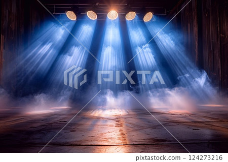 Stage illuminated by spotlights and smoke in a dramatic display. Generative AI 124273216