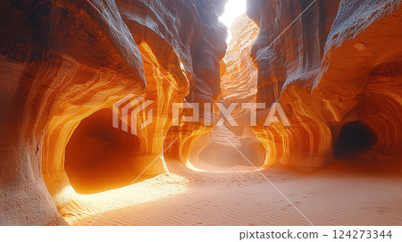 Inside a sandstone canyon, the curves and flowing walls create a stunning natural artwork. 124273344