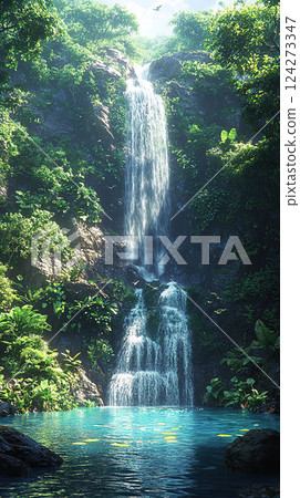 A breathtaking waterfall plunges into an inviting pool amidst a vibrant, verdant tropical landscape. 124273347
