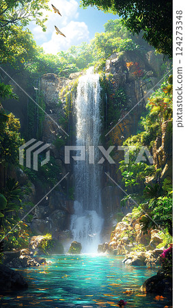 A breathtaking waterfall plunges into an inviting pool amidst a vibrant, verdant tropical landscape. 124273348