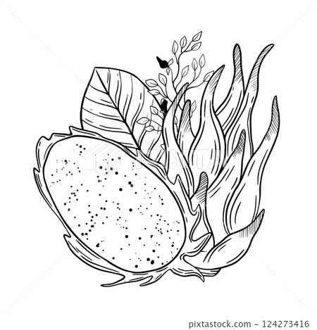 Stylized Dragon Fruit with lush leaves and organic elements, showcasing natures vibrant beauty 124273416