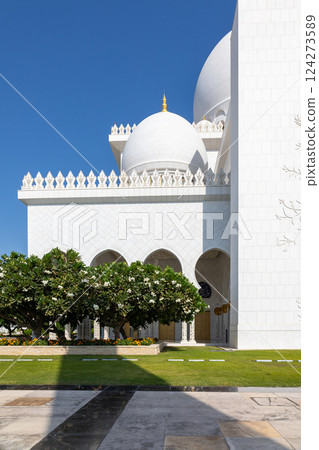 View of Sheikh Zayed Grand Mosque in Abu Dhabi with blooming green trees. Vertical photo. High quality photo View of Sheikh Zayed Grand Mosque in Abu Dhabi with blooming green trees. Vertical photo. High quality photo 124273589