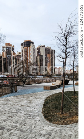 Lively recreation area near house with beautiful design of territory on shore of bay. High quality photo Lively recreation area near house with beautiful design of territory on shore of bay. High quality photo 124273655