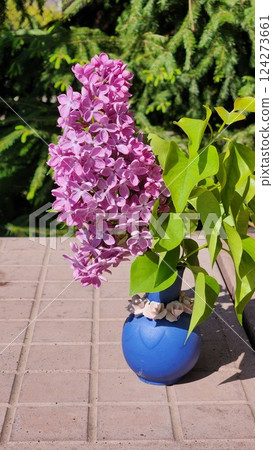 Close-up of lilac flowers. Branches of lilac blooming bouquets of flowers in spring. Vertical photo. High quality photo 124273661
