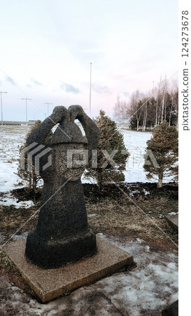 Stone Dol Hareubang on park is 300th anniversary of St. Petersburg. Guards were brought from island of Jeju Island, South Korea and presented to city of St. Petersburg, Russia. 124273678