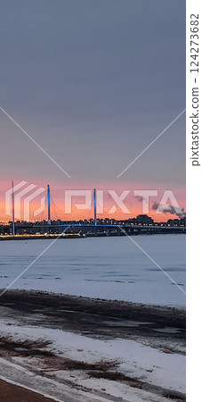 Fantastic winter landscape at fiery dawn. Walking paths in park 300 anniversary of St. Petersburg, Russia. Vertical photo. High quality photo Fantastic winter landscape at fiery dawn. Walking paths in park 300 anniversary of St. Petersburg, Russia. Vertical photo. High quality photo 124273682