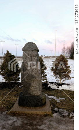 Stone Dol Hareubang on park is 300th anniversary of St. Petersburg. Guards were brought from island of Jeju Island, South Korea and presented to city of St. Petersburg, Russia. 124273683