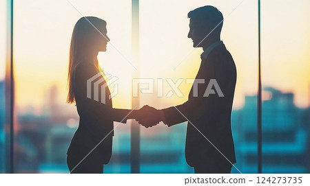 Handshake between man and woman in a business setting Handshake between man and woman in a business setting 124273735
