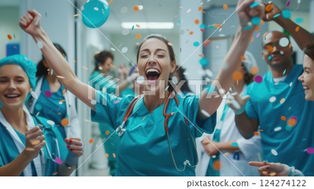 Healthcare Workers Celebrating A Major Medical Breakthrough 124274122
