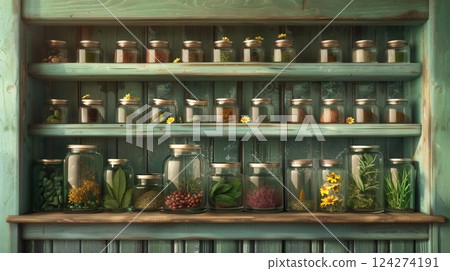 Modern Herbalists Workspace Apothecary Background Modern Herbalists Workspace Apothecary Background 124274191