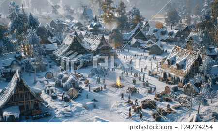 Medieval village blanketed in snow during winter 124274254