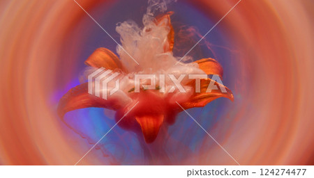 Flower ink drop. Fume paint. Glossy silver orange stream blotch on natural lily. Art fluid color abstract round blue sphere background. Flower ink drop. Fume paint. Glossy silver orange stream blotch on natural lily. Art fluid color abstract round blue sphere background. 124274477