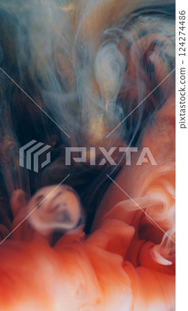 Colorful fume. Defocused flow. Mystic ink spill abstract liquid background. Art swirl paint smoke substance mix stream underwater explosion. 124274486