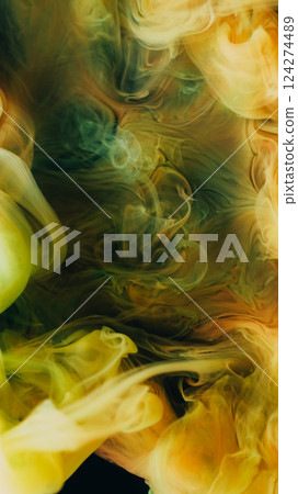 Watercolor ink. Acrylic splash. Colorful haze flow mix dye liquid texture. Blur curve stream fantasy spread on abstract black background. 124274489