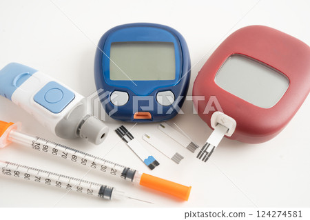 Digital glucometer blood sugar measurement for diabetes. 124274581