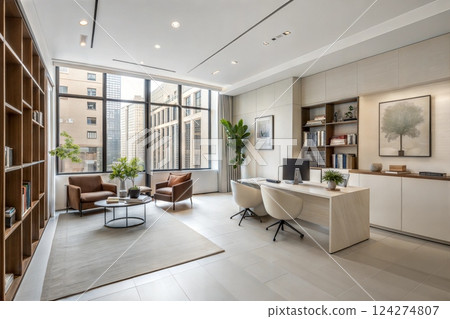 Modern Office Interior Featuring Spacious Layout and Natural Light in Urban Setting 124274807