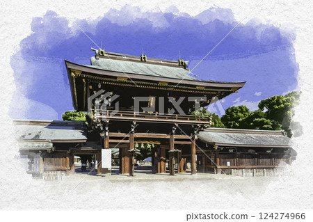 水彩畫風格：愛知縣一宮市真清田神社塔門 124274966