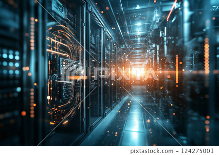 Network Data Center with Ethernet Cables and Switches in a Modern Server Room Concept 124275001