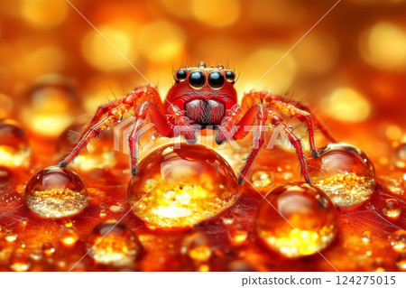 Close-Up of Red Spider with Dew Drops on Web Against Glistening Background in Macro Photography 124275015