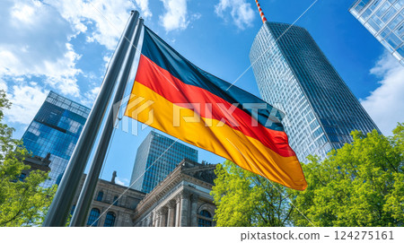 Germany national flag and government building with skyscrapers. Germany national flag and government building with skyscrapers. 124275161