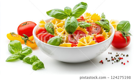 Pasta primavera for good health isolated on white background. Pasta primavera for good health isolated on white background. 124275198