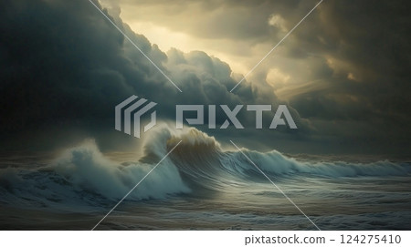 波濤洶湧的大海中掀起巨浪 124275410