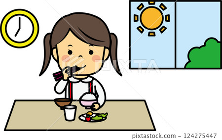 Elementary school girl eating breakfast Elementary school girl eating breakfast 124275447